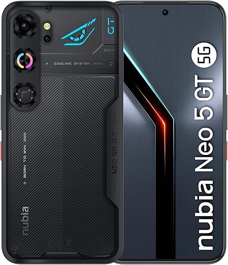nubia Neo 5 GT Smartphone 5G 6,8’’ AMOLED 120Hz, MediaTek Dimensity 7400, RAM 12GB, 256GB, Batteria 6210mAh, Fotocamera 50MP, Cooling fan, Android 16, Cover con design gaming, Black nubia Neo 5 GT Smartphone 5G 6,8’’ AMOLED 120Hz, MediaTek Dimensity 7400, RAM 12GB, 256GB, Batteria 6210mAh, Fotocamera 50MP, Cooling fan, Android 16, Cover con design gaming, Black